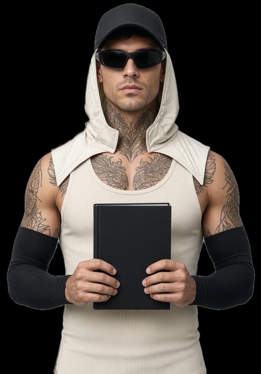 A creator in a cream hood and black cap holding a black hardbound book